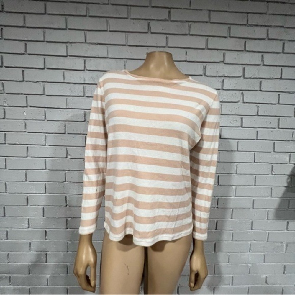 Ann Taylor Womens‎ Peach White Striped Cotton Long Sleeve Crewneck Top Size L